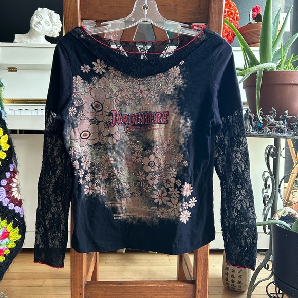 Elemente Clemente Black Y2K Embellished Floral Long Sleeve Tee Size Small - Picture 8 of 15